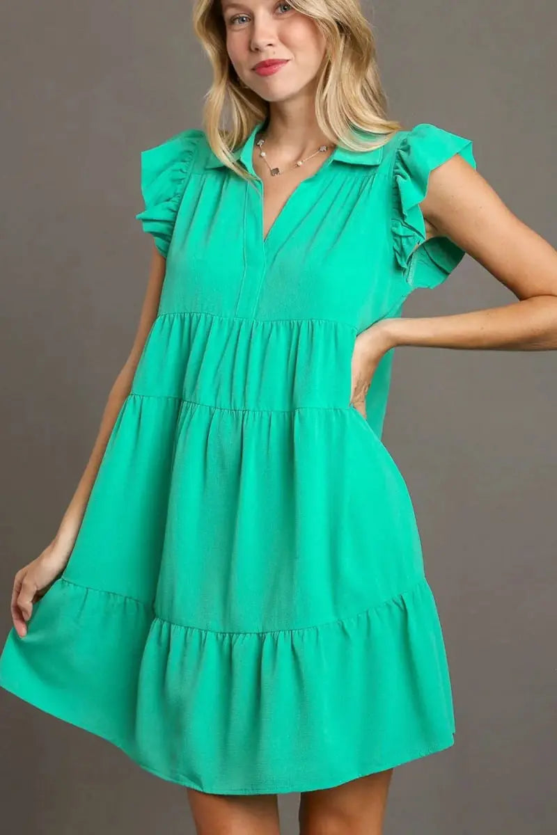 Umgee Full Size Johnny Collar Ruffle Cap Sleeve Dress Plus Size - Love Salve